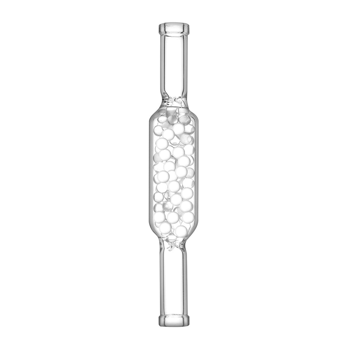 Clear 130mm glass cooling stem filled with glass cooling beads on a white background